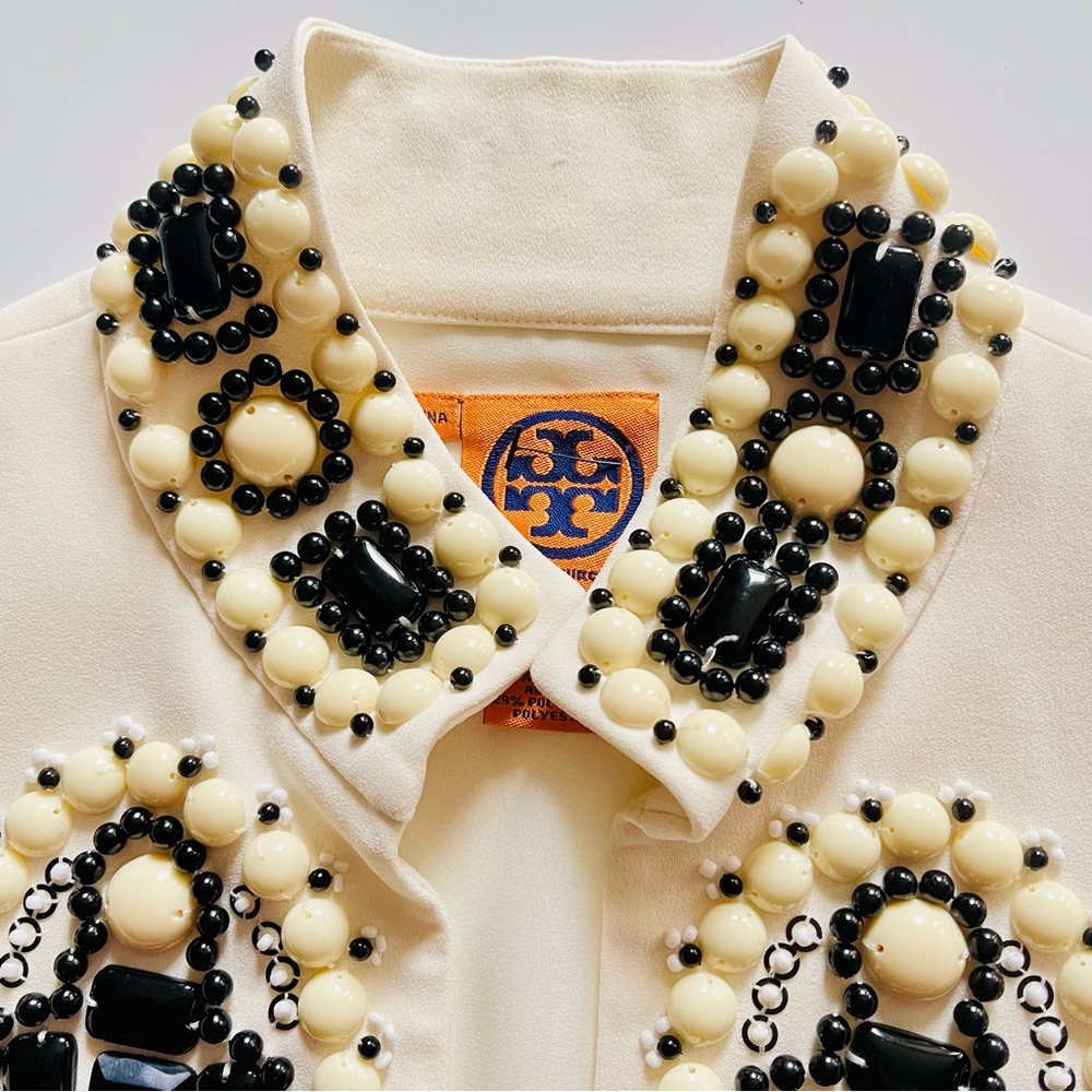 TORY BURCH Ivory Heavily Beaded Tunic Top sz 6 - Picture 8 of 13